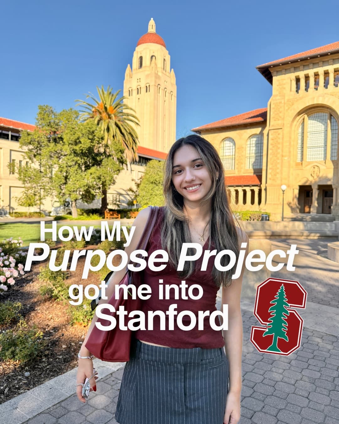 Andra on Stanford's campus, on the cover of her post about her purpose project